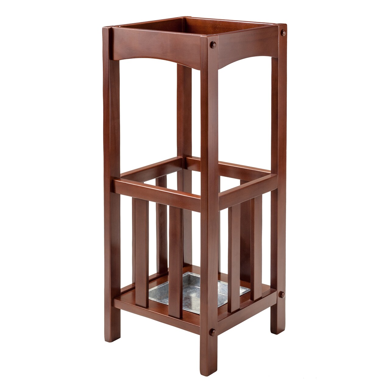 Contemporary Home Living 26.75" Walnut Unique Rex Square Wooden Umbrella Stand with Metal Tray
